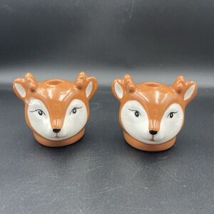 Reindeer Ceramic Mini Taper Candle Holders Set Of 2 Cute Cabin Christmas Decor